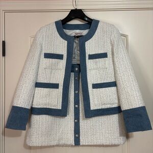 Nanette Lepore White Sparkling Tweed Jacket/Skirt Denim Trim Size M Retro Glam